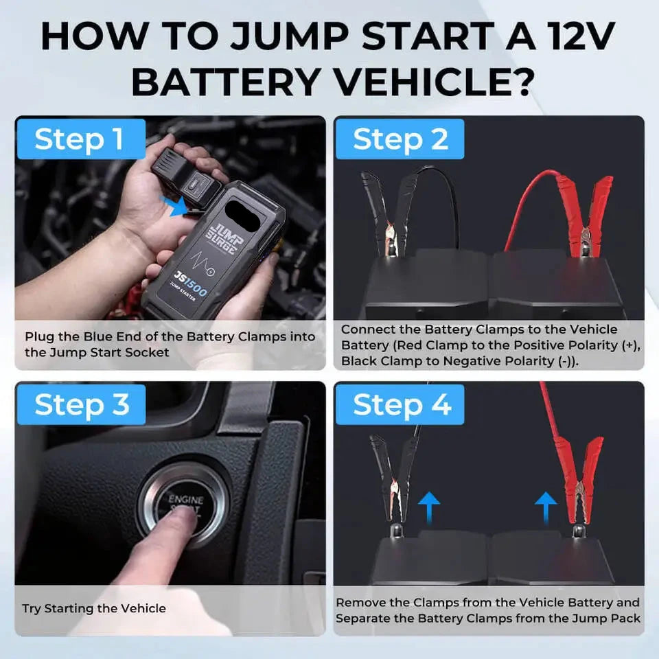 Jumpstarter - Jumpstarter voor Auto - Auto Startapparaat - 12V - 1500A - Jumpstarter met Powerbank - Smart - Jumpstarter - USB - Verlichting - Sigarettenaansteker - Zwart - QUORE