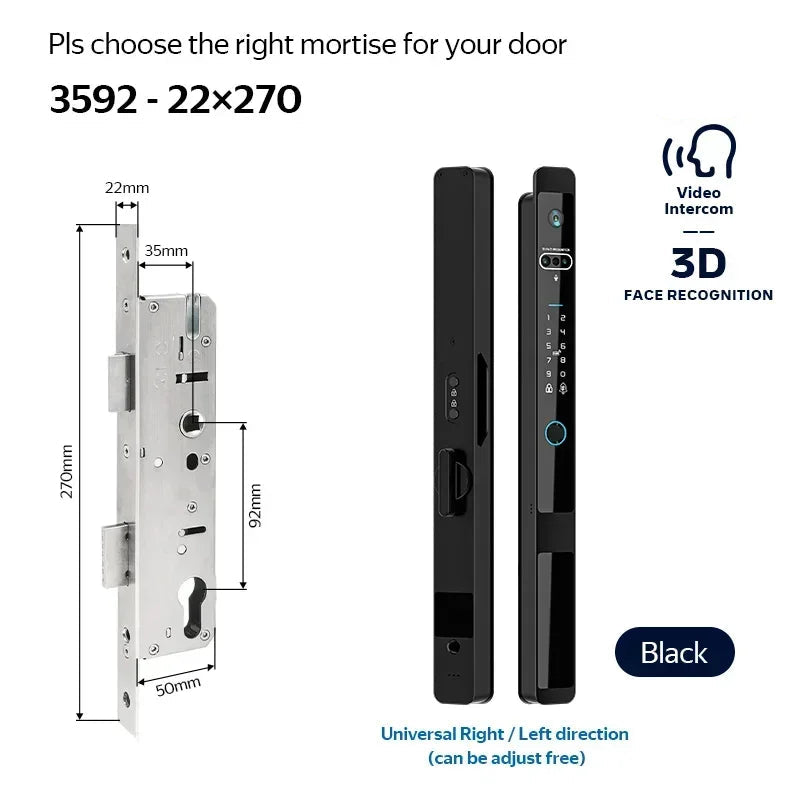 Smart Slot – Slimme Deurslot – Vingerafdrukslot – Elektronisch Slot – Code Slot – Verstelbaar voor 30-70mm Deuren – Ingebouwde Camera en App Bediening - 3592 - Zwart