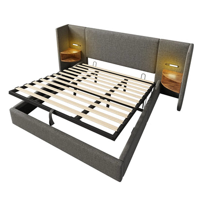 Led Bed – Tweepersoonsbed – Gestoffeerd Bed – Opbergbed – Slaapbank – 180x200 cm – Linnen Materiaal – USB & 16-Kleuren LED Verlichting - QUORE