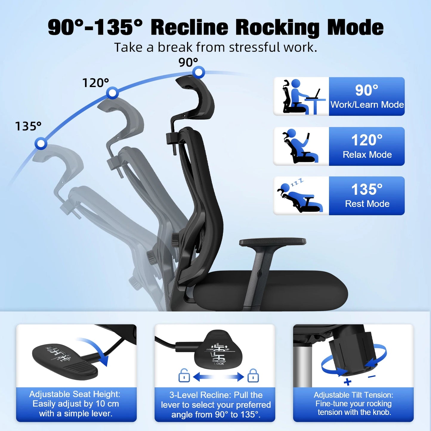 Bureaustoel – Ergonomische Stoel – Office Chair – Gamestoel – Bureaustoel – 3D Verstelbare Lendensteun – Verstelbare Hoofdsteun en Armleuningen – Kantelbare Rugleuning – Max 155 kg
