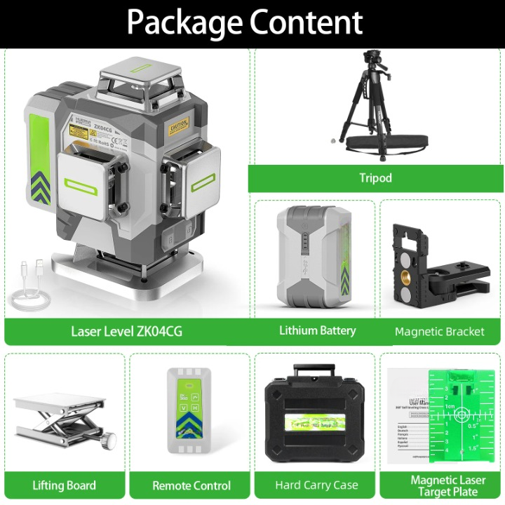 4D Kruislijnlaser – Zelfnivellerend – Groene Laser – Statief – Afstandsbediening – 30 Meter Bereik – USB Type-C Oplaadbaar - QUORE