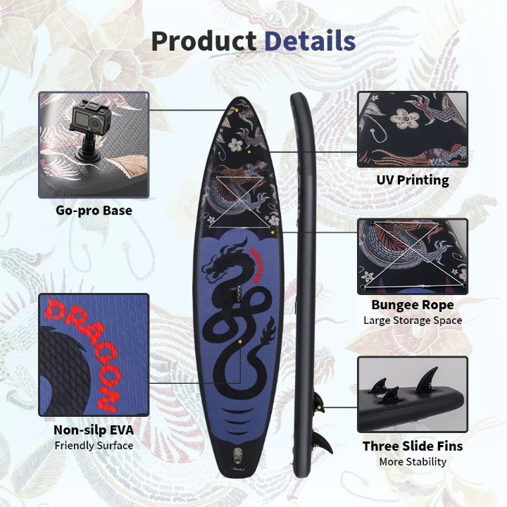 Supboard - Paddle Board - Peddelplank - Surfplank - Opblaasbaar - Inc. Peddel - 3 x Vin - Leash - Riem - Handpomp - Rugzak - Waterdichte Telefoonhoes - 350 x 84 x 15 cm - Zwart & Blauw
