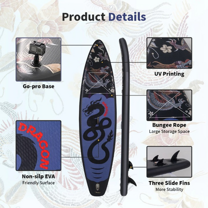 Supboard - Paddle Board - Peddelplank - Surfplank - Opblaasbaar - Inc. Peddel - 3 x Vin - Leash - Riem - Handpomp - Rugzak - Waterdichte Telefoonhoes - 350 x 84 x 15 cm - Zwart & Blauw