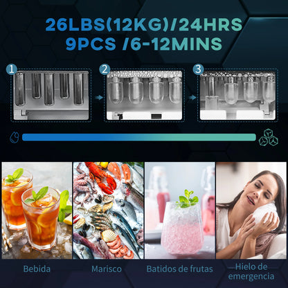 Ijsblokjesmachine - Elektrische Ijsblokjesmachine - Ijsmaker - Ijsmachine - 9 Kubussen elke 6-12min - Zelfreinigend - 1.2L - 220-240V/50Hz - 43Db - R600a - 22.5 x 32 x 29.5 cm - Wit