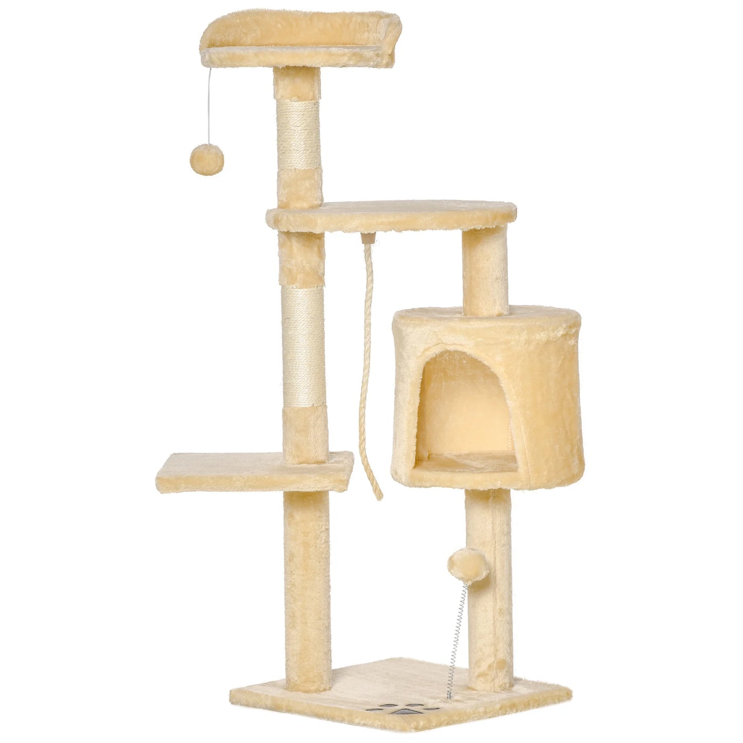 Kattenkrabpaal - Krabpaal - met Huisje - Meerdere Niveaus - Platforms en Speelballen - 114 cm Hoog - Stevig en Duurzaam - Beige - QUORE