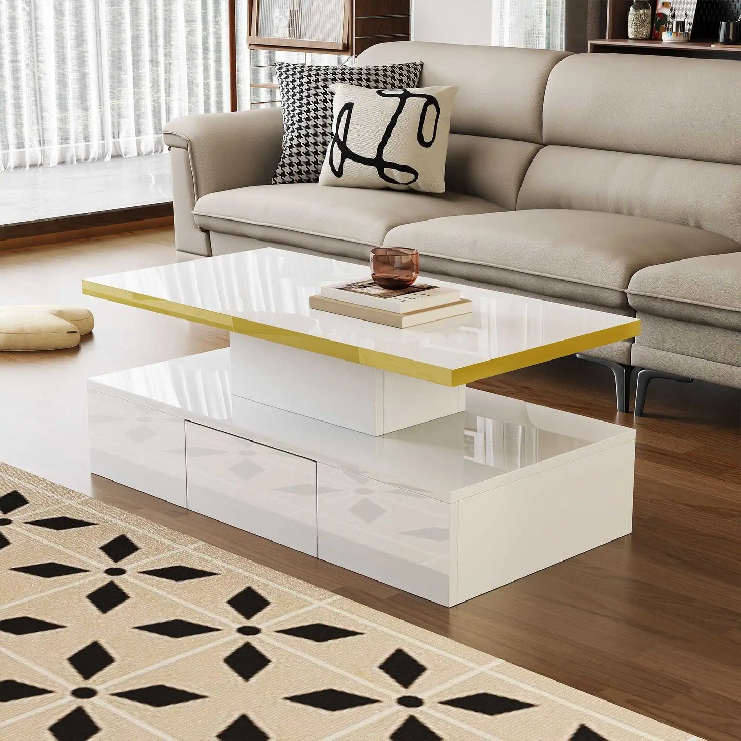 Salontafel – Tafel – Opbergtafel – Woonkamertafel – Hoogglans Wit – LED-Verlichting – Lade