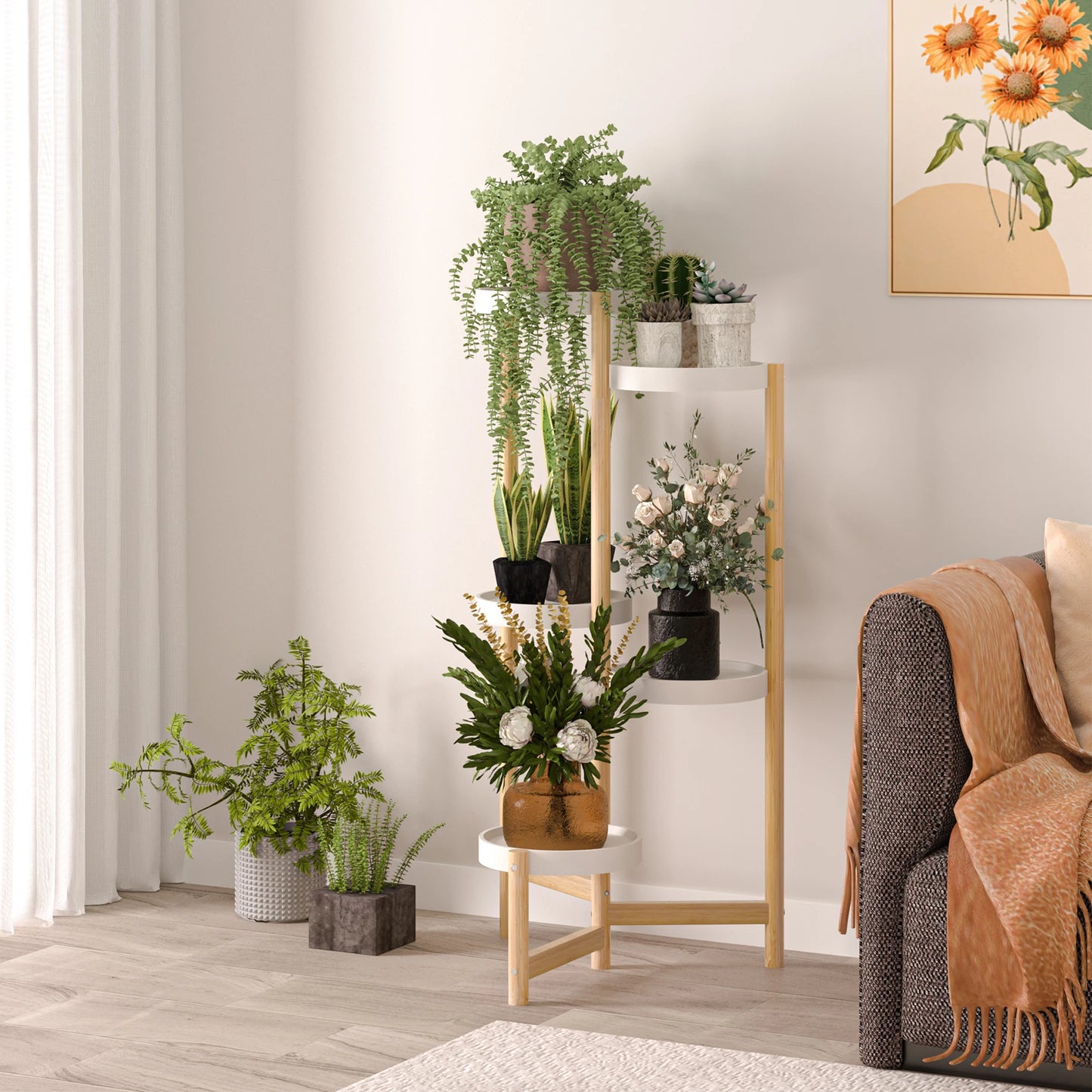 Luxe Bamboe Plantenrek - Plantenstandaard Binnen - Plantenhouder - Planten Standaard - Plantenrek - 5-Laags - 45x93cm - Bamboe - Wit