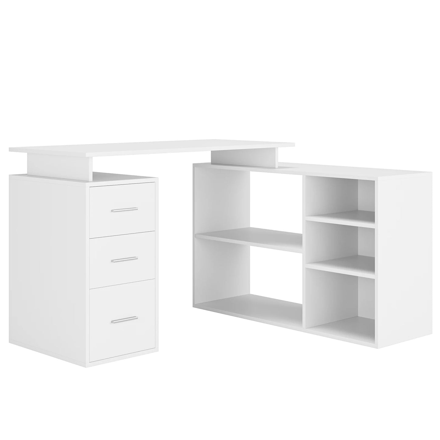 Hoekbureau – L-vormig Bureau – Werkplek Bureau – Studiebureau – Kantoormeubel – Wit – Verstelbare Planken – 3 Opberglades – 129x104 cm