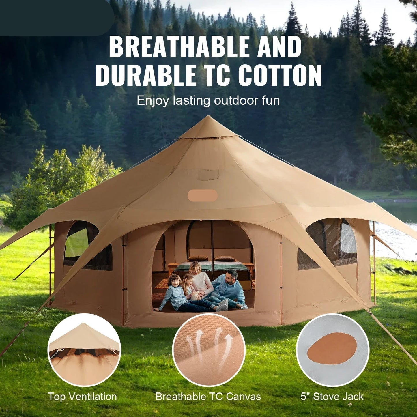 Bell Tent - Canvas - Tipi Tent - Pop up Tent - Festival Tent - 3M - Waterdichte Katoenen Tenthut met Kacheldoorvoer - Tenten - Kampeertent - Opvouwbaare - Yurt Tent voor 3-5 Personen – Ademend – Outdoor Camping – Glamping – Jachttent
