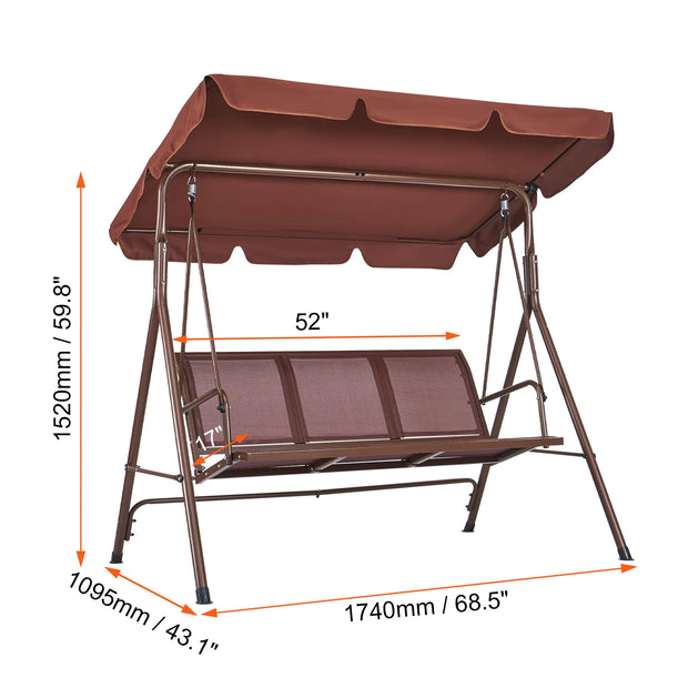 Schommelbank - Schommelbanken - Schommelbank 3 Personen - Hangbank - Hollywoodschaukel - 3-Zits - met Verstelbare Luifel Verwijderbaar Dik Kussen - 68x44inch - Bruin