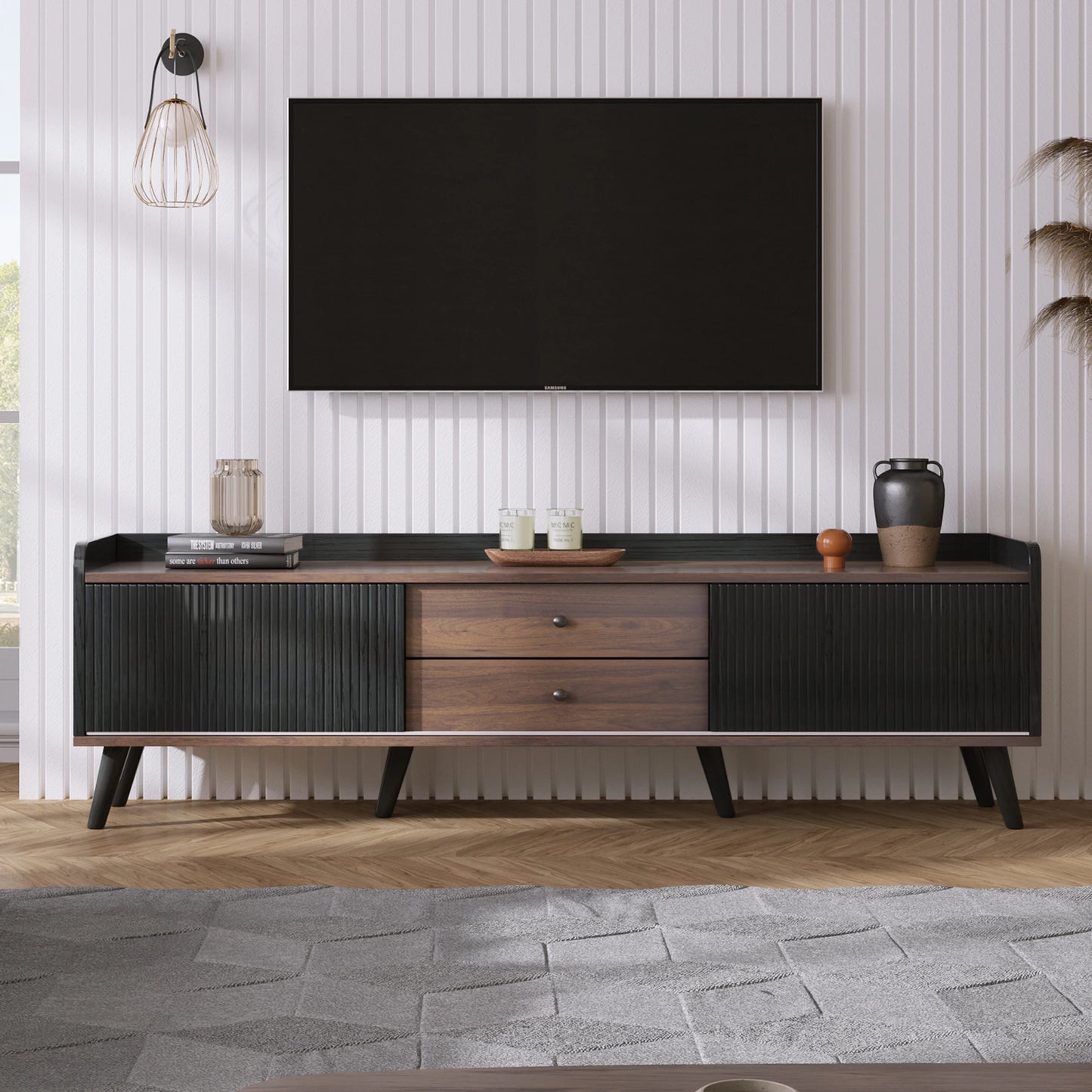 Tv-Kast – Tv-Meubel – Tv-Dressoir – Tv-Stand – 2 Lades – Schuifdeuren – Zwart Met Houtkleur-  160 x 40 x 58 cm