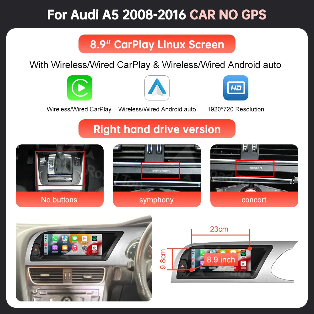 8.9'' 12.3" Car Multimedia Display Linux Screen For Audi A5 S5 2008-2016 With Wireless Carplay Android Auto Airplay Autolink