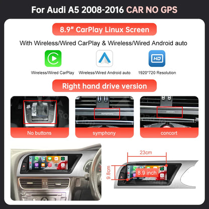 8.9'' 12.3" Car Multimedia Display Linux Screen For Audi A5 S5 2008-2016 With Wireless Carplay Android Auto Airplay Autolink