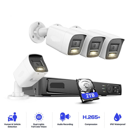 Beveiligingscamera's - Camerabewaking - CCTV Camerasysteem - 12MP Dual-Light Outdoor PoE - Kleur IR Nachtzicht CCTV Kit - Binnen/Buiten Camera’s - IP67 Weerbestendig - 2TB HDD Opslag
