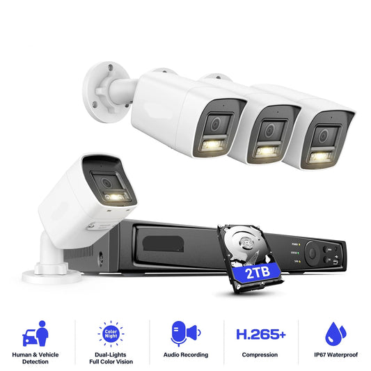 Beveiligingscamera's - Camerabewaking - CCTV Camerasysteem - 12MP Dual-Light Outdoor PoE - Kleur IR Nachtzicht CCTV Kit - Binnen/Buiten Camera’s - IP67 Weerbestendig - 2TB HDD Opslag