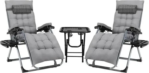 Ligbed - 3-delige Verstelbare Ligstoelset – Tuinstoelen – Zonnebedden – Klapstoelen – Strandstoelen – Duurzaam Stalen Frame – Verstelbare Rugleuning 90-160° - Grijs - QUORE