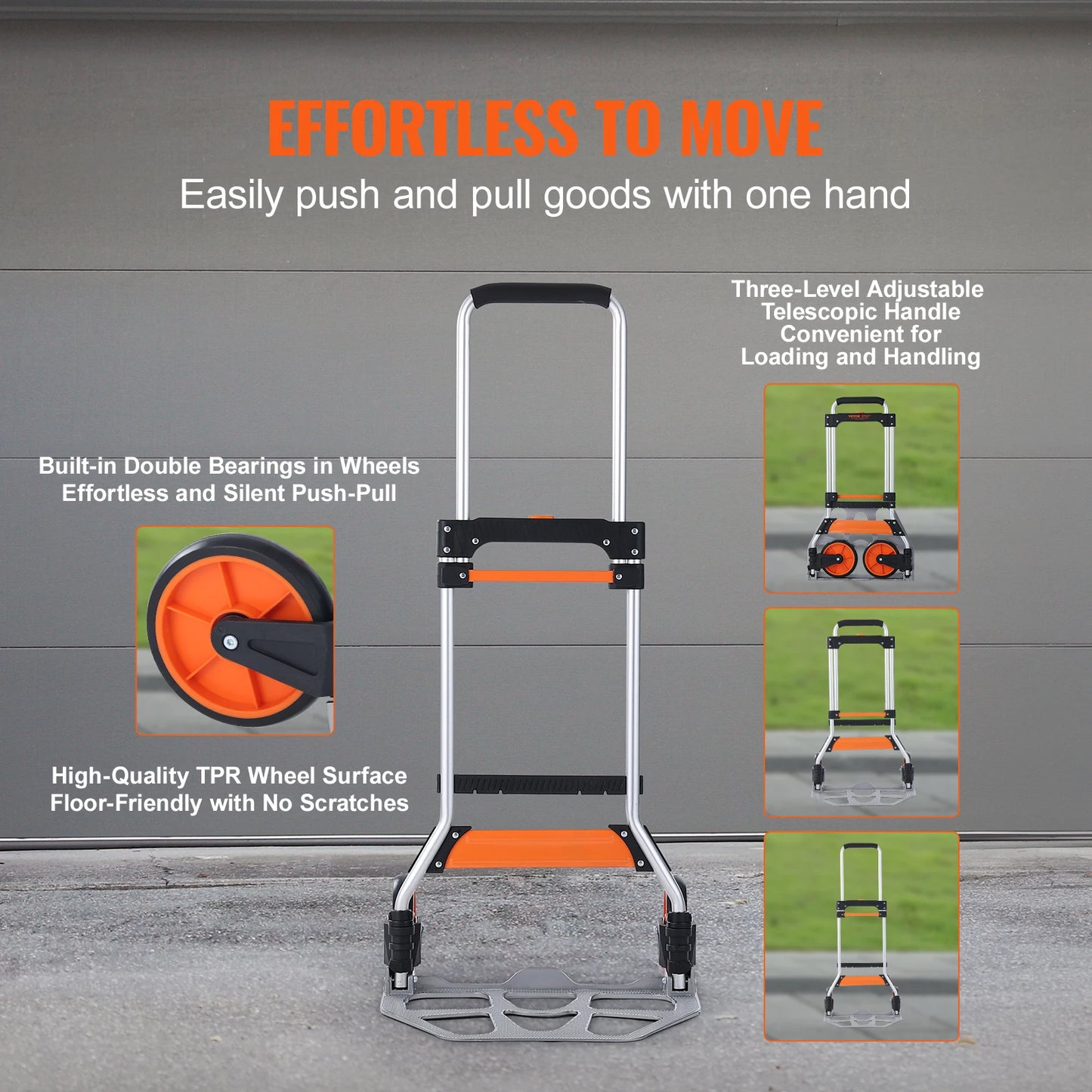 Opvouwbare Steekwagen – Transportkar met een Draagvermogen van 140 kg, Gemaakt van Aluminiumlegering en Kunststof – Stapelbare Trolley met Verstelbare Handgreep (900–1109 mm) – Inklapbare Trolley met Trekkoord – Compact Formaat voor Gemakkelijke Opslag - QUORE