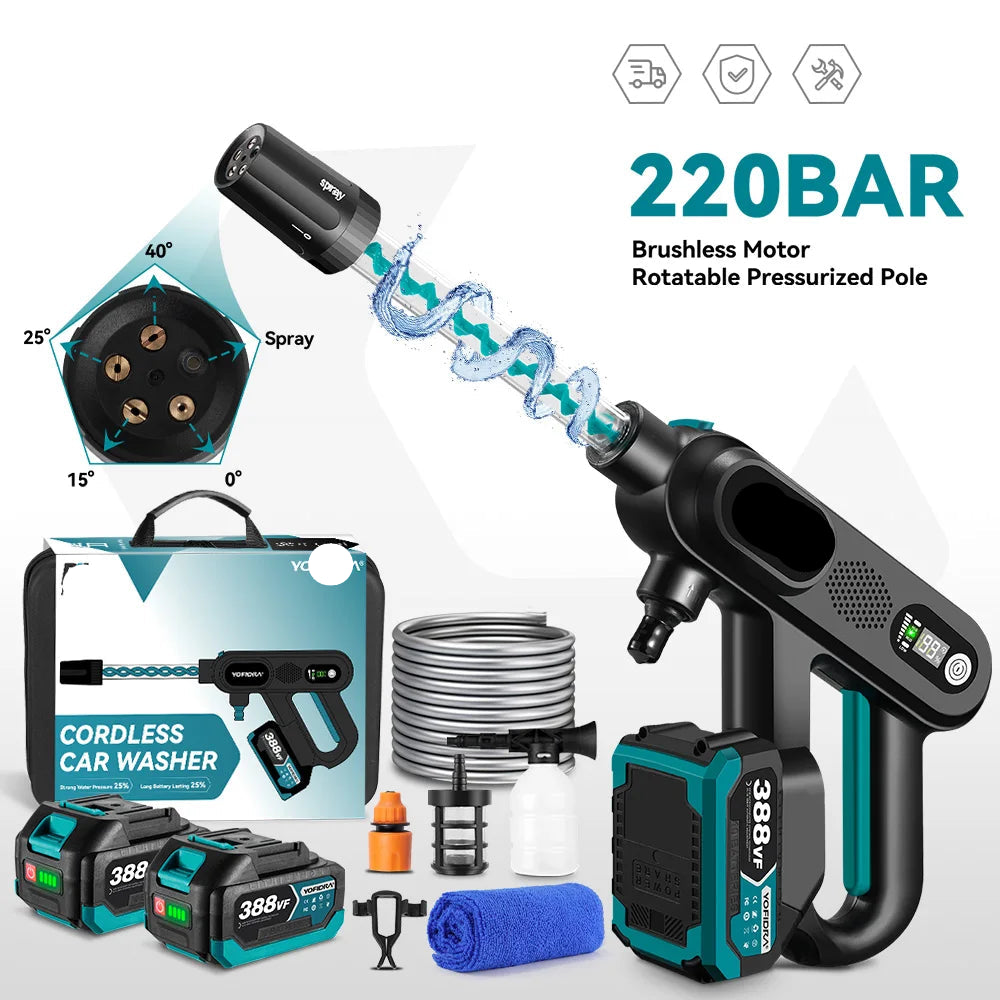 Hogedrukreiniger - Hogedrukspuit - Hogedruk Auto-Wasser - met Accu - 220Bar - Brushless Motor - Draadloze - 3 Snelheden - 5-in-1 Nozzle - 2 Batterij