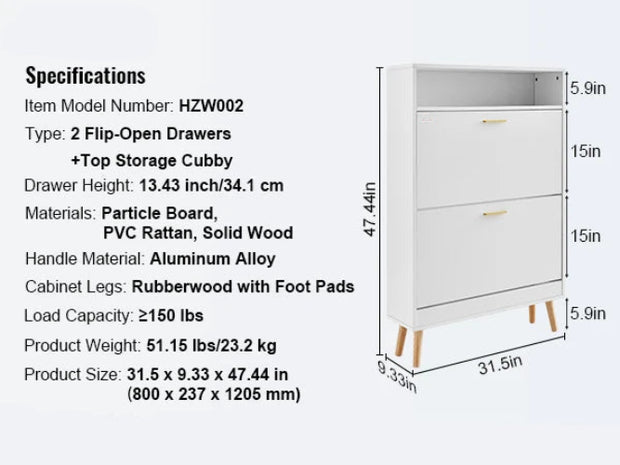 Shoe Rack - Shoe Cabinet - 2 Folding Drawers - Top - Storage Space - Cubby - 80 x 23.7 x 120.5 cm - Chipboard - PVC Rattan - Solid Wood - White