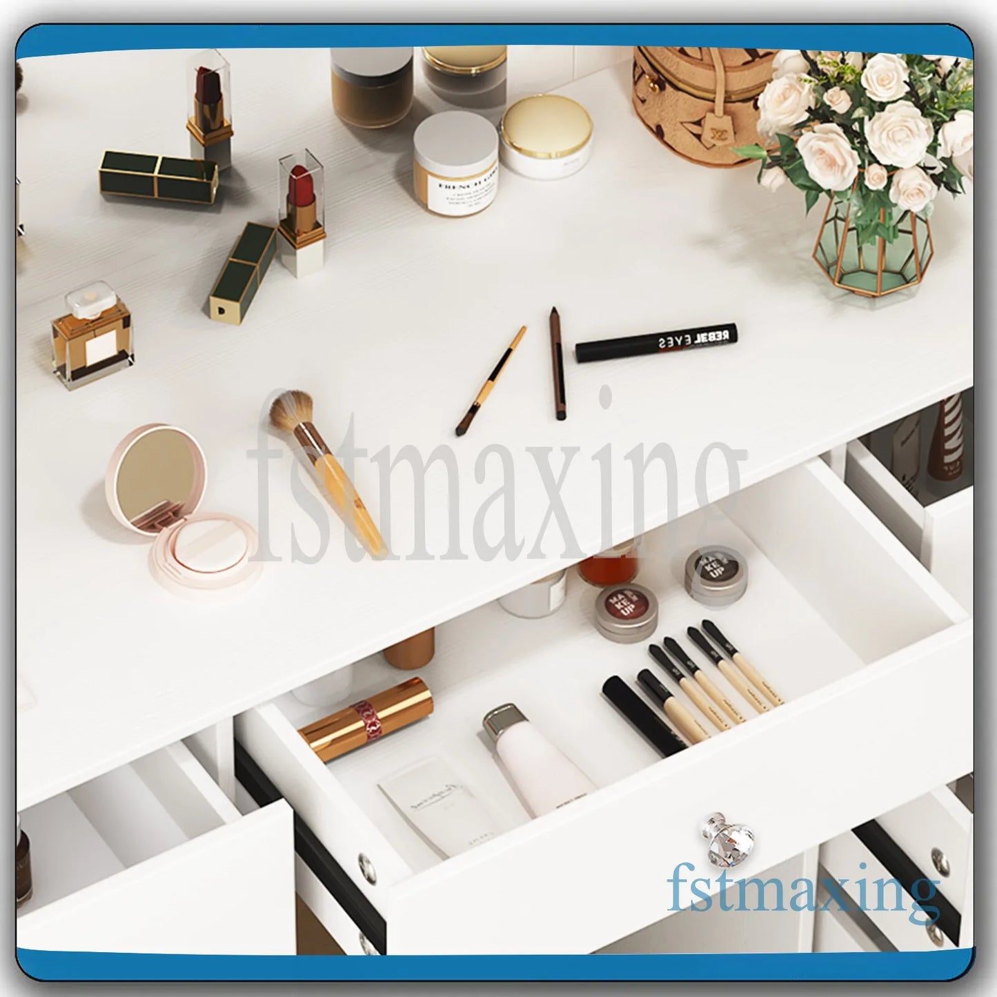 Makeuptafel – Kaptafel – Cosmeticatafel – Vanity Tafel – Schminktafel – Wit – 7 Laden & 6 Open Vakken – LED Spiegel met 3 Lichtkleuren