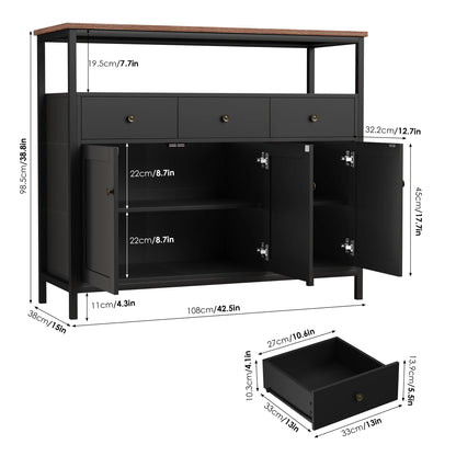 Zwarte Dressoir – Dressoir Kast – Opbergkast – Buffetkast – Sideboard – 108x38x98,5 cm – Stevig Houten Frame – Verstelbare Plank