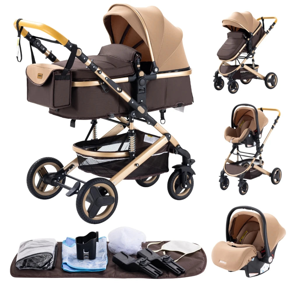 Kinderwagen - Kinderwagen 3 in 1 - Stroller - Opklapbare Wandelwagen - Luxe Kinderwagen - 3-in-1 Luxe Kinderwagen – Draagbare Reiswieg, Inklapbaar, Aluminium Frame voor Pasgeborenen - 530 khaki 3in1