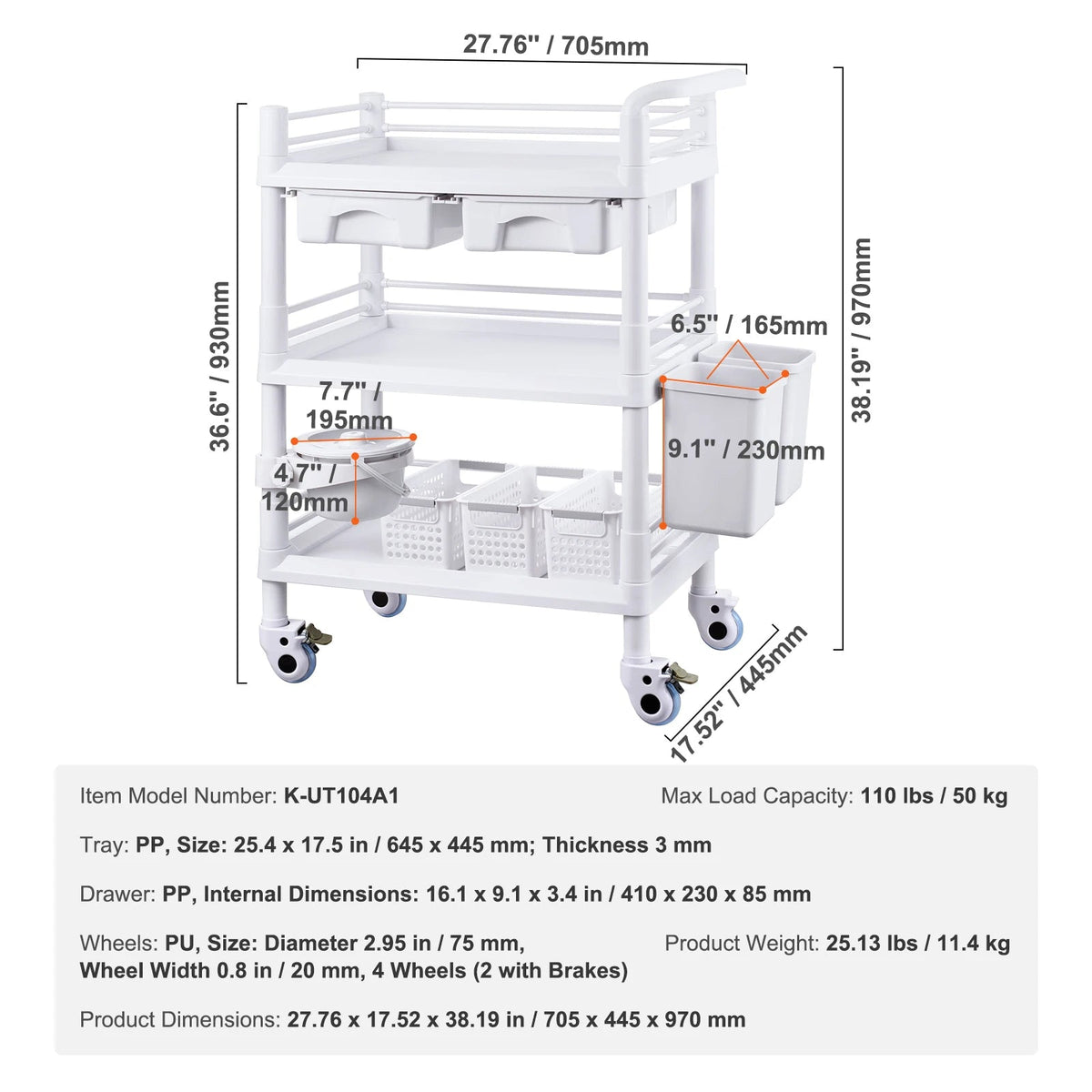 Laboratoriumkar - Wagen - Kar - Wit 4 PP 3 4 - met ABS Materiaal Lab Rolling Cart - voor Lab Kliniek Ziekenhuis Salon