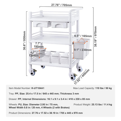 Laboratoriumkar - Wagen - Kar - Wit 4 PP 3 4 - met ABS Materiaal Lab Rolling Cart - voor Lab Kliniek Ziekenhuis Salon