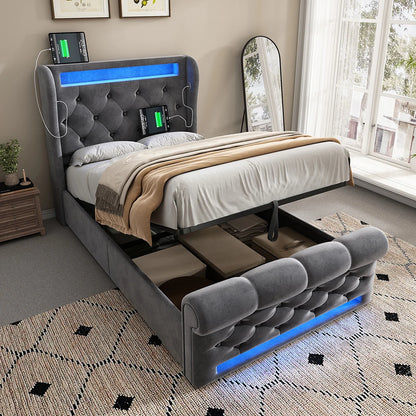 Boxspringbed – Boxspringbedden – Bed – Meubel – Slaapkamerbed – 160x200 cm – Linnen Bekleding – Hydraulische Opbergruimte – USB & Type-C Oplaadpoort - QUORE