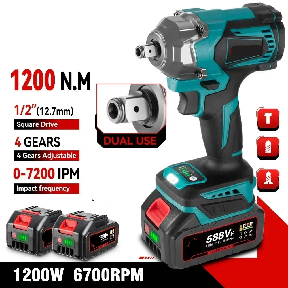 Slagmoersleutel - met Accu - Slagschroevendraaier - Draadloze - Borstelloze - Elektrische - Torque - 1200Nm - 1/2 inch - 18V Accu - 2 Batterij en Kunststof Doos
