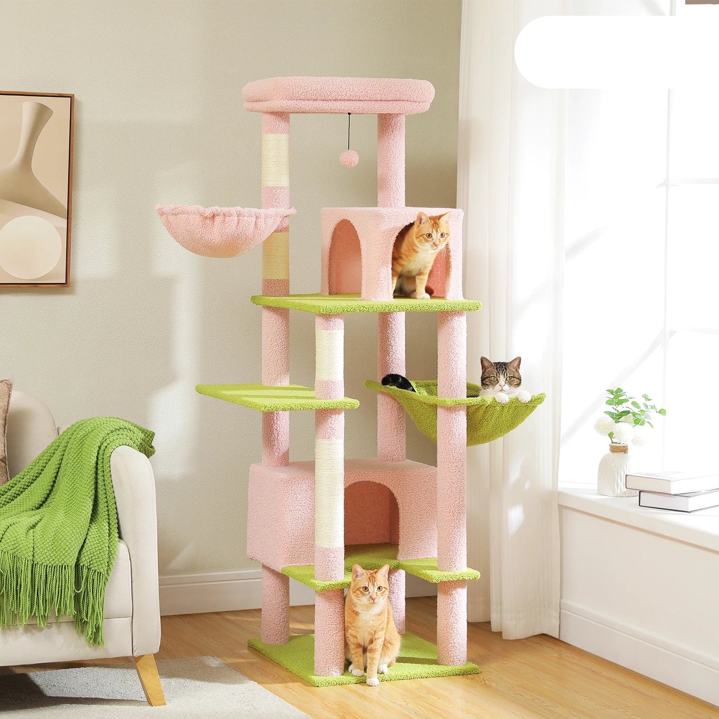 Kattenboom - voor Grote Binnenkatten – Krabpaal - Hoog Kattenmeubel - met Sisal Krabpalen - Extra Grote Hangmat - 2 Kattenhuisjes - Meerdere Verdiepingen – Arbre a Chat - 169cm - Roze