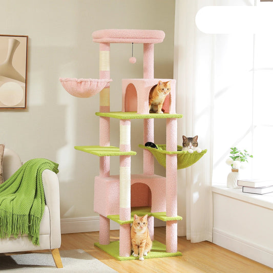 Kattenboom - voor Grote Binnenkatten – Krabpaal - Hoog Kattenmeubel - met Sisal Krabpalen - Extra Grote Hangmat - 2 Kattenhuisjes - Meerdere Verdiepingen – Arbre a Chat - 169cm - Roze