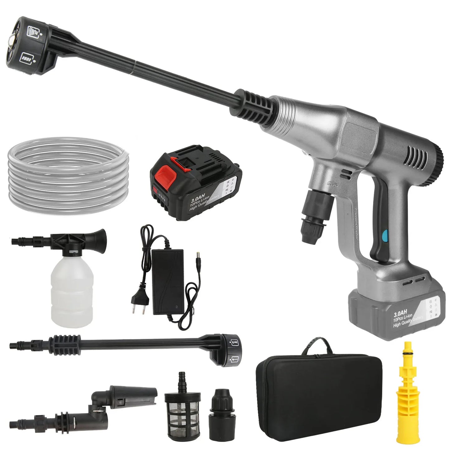 Hogedrukreiniger - Hogedruk Auto-Wasser - Hogedrukspuit - Draadloze - 3500W - 18V - 200Bar - 6-in-1 Mondstuk - 1 Accu - Grijs