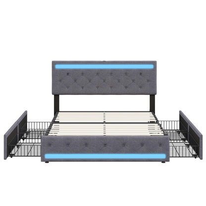 Led Bed – Boxspring – Tweepersoonsbed – Opbergbed – Gestoffeerd Bed – 140×200 cm – LED Verlichting – USB Oplaadpoort – 4 Opberglades – Linnen