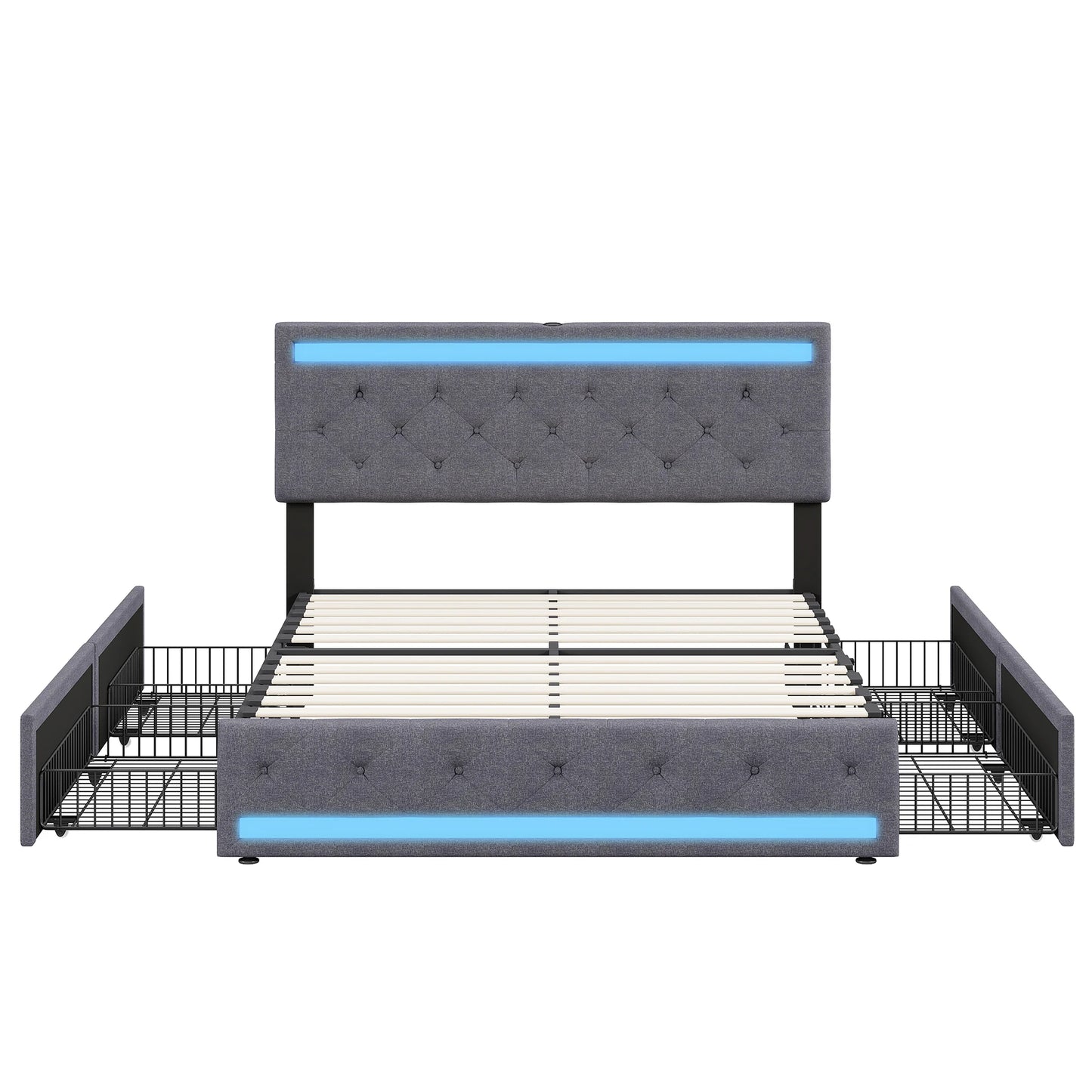 Led Bed – Gestoffeerd Bed – Tweepersoonsbed – Opbergbed – Bed Met Lades – 180x200 cm – LED Verlichting – USB Oplaadpoort
