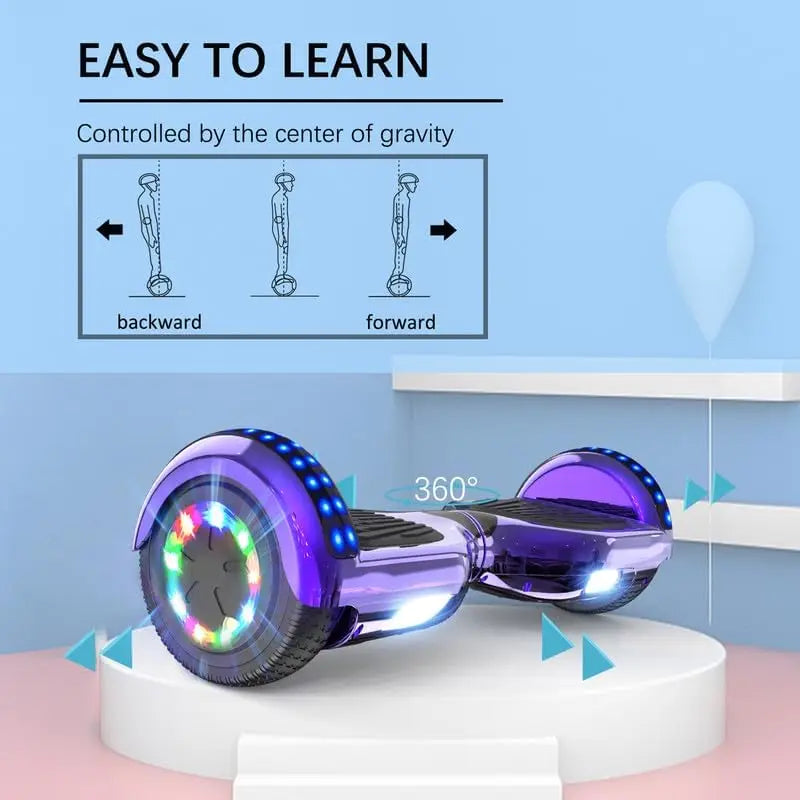 RCB - Hoverboard - Oxboard - voor Kinderen en Volwassenen - 6,5 inch - Kleurrijke LED-verlichting - Segways met Bluetooth - Chroom Paars - QUORE