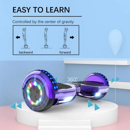 RCB - Hoverboard - Oxboard - voor Kinderen en Volwassenen - 6,5 inch - Kleurrijke LED-verlichting - Segways met Bluetooth - Chroom Paars - QUORE