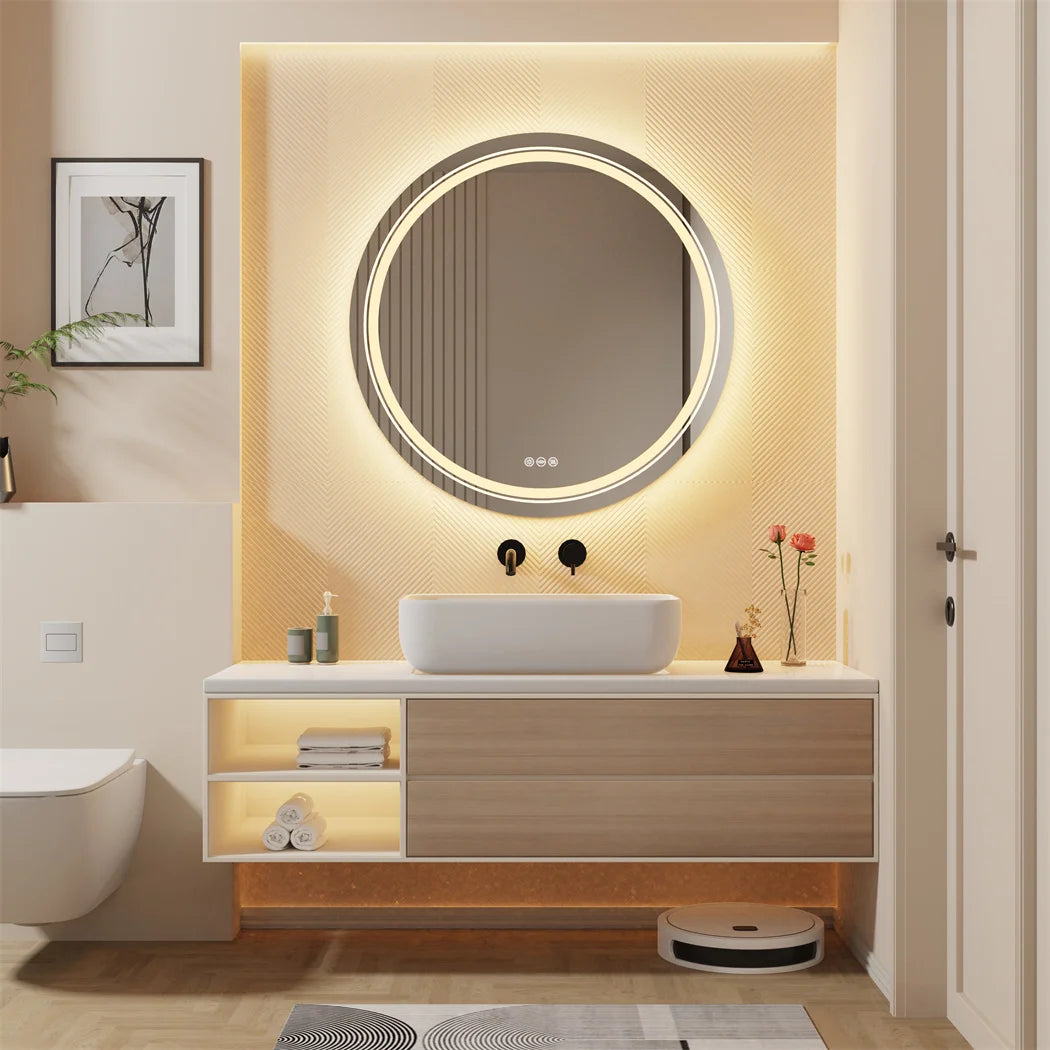 LUVODI Round Illuminate Bathroom Mirror Circle Washroom Toliet Wash Basin Fogless Vanity Mirror Waterproof