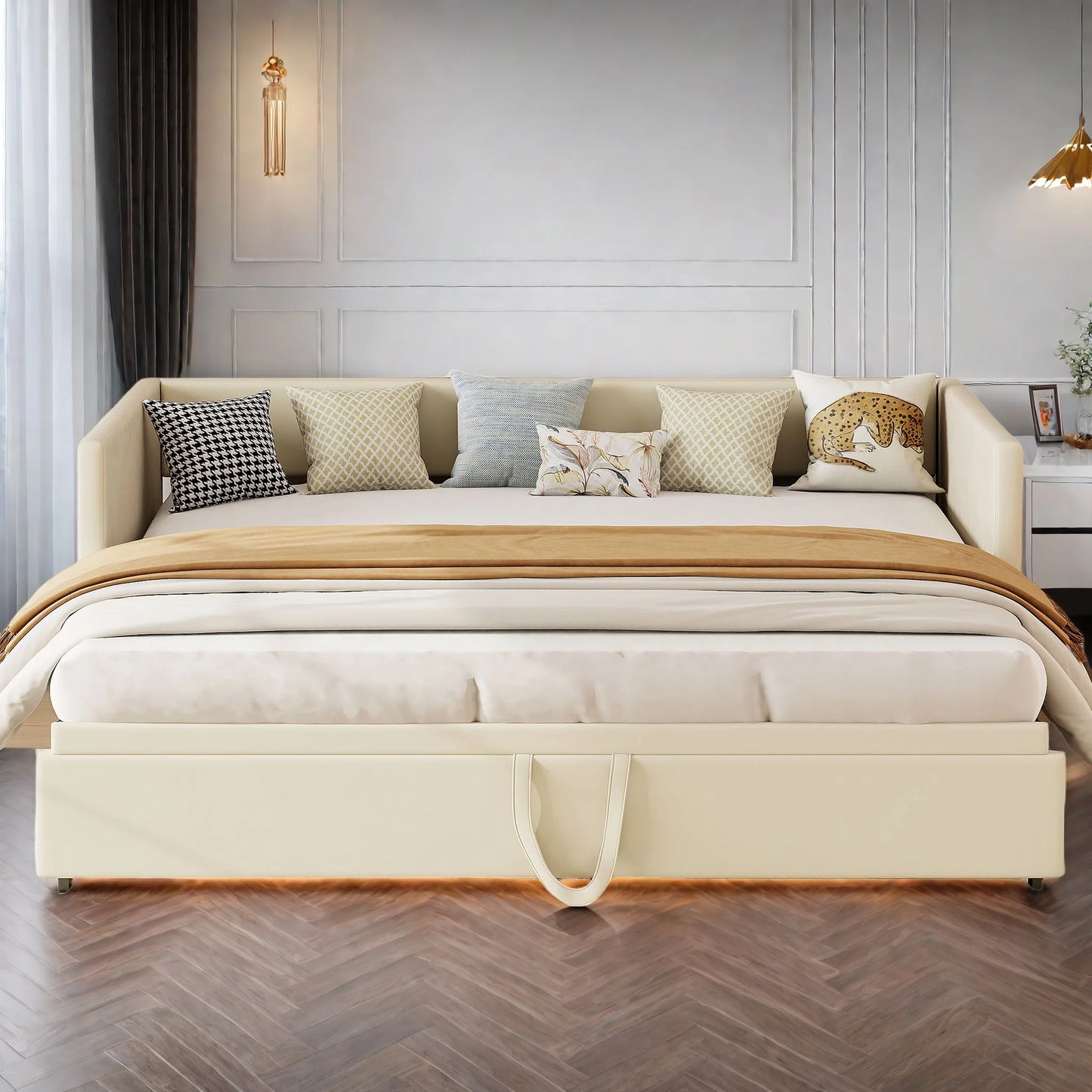Bedbank 2-in-1 – Slaapbank – Schlafsofa – Uitklapbed – Velours Bankbed Beige – Verstelbaar Tweepersoonsbed – Ruimtebesparend Design