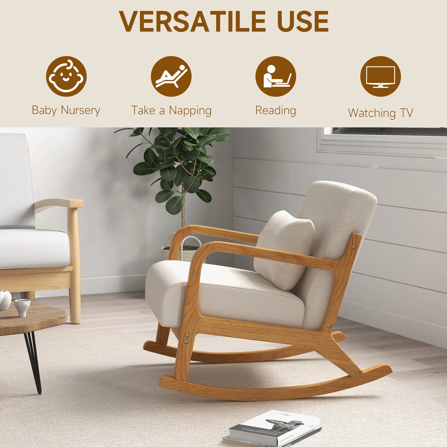 Relaxfauteuil – Relaxstoel – Schommelstoel – Wiegstoel – Linnen Stof – Ergonomische Ondersteuning – Houten Basis