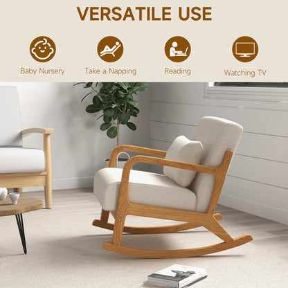 Relaxfauteuil – Relaxstoel – Schommelstoel – Wiegstoel – Linnen Stof – Ergonomische Ondersteuning – Houten Basis