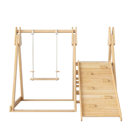 Houten Speeltoestel – Houten Klimtoestel – Houten Schommel – Kinder Speeltoestel – 3-In-1 Design – Instelbare Schommel – Antislip Platform - 124 x 174 x 110 cm - Houtkleur - QUORE