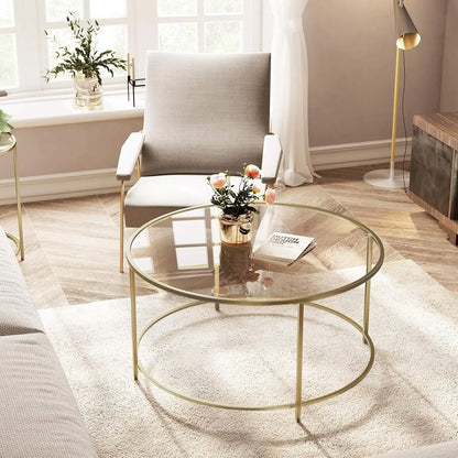 Ronde Salontafel - Glazen Tafelblad met Gouden IJzeren Frame - Robuuste Koffietafel - Modern Retro Design - Woonkamer Accessoire - Goud - QUORE