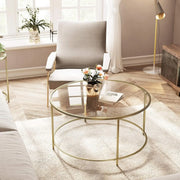 Ronde Salontafel - Glazen Tafelblad met Gouden IJzeren Frame - Robuuste Koffietafel - Modern Retro Design - Woonkamer Accessoire - Goud