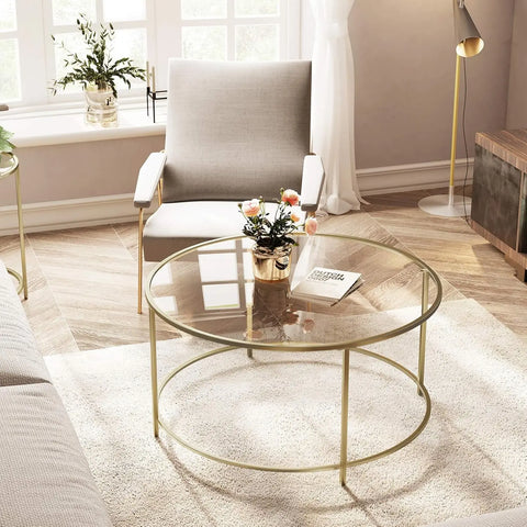 Ronde Salontafel - Glazen Tafelblad met Gouden IJzeren Frame - Robuuste Koffietafel - Modern Retro Design - Woonkamer Accessoire - Goud