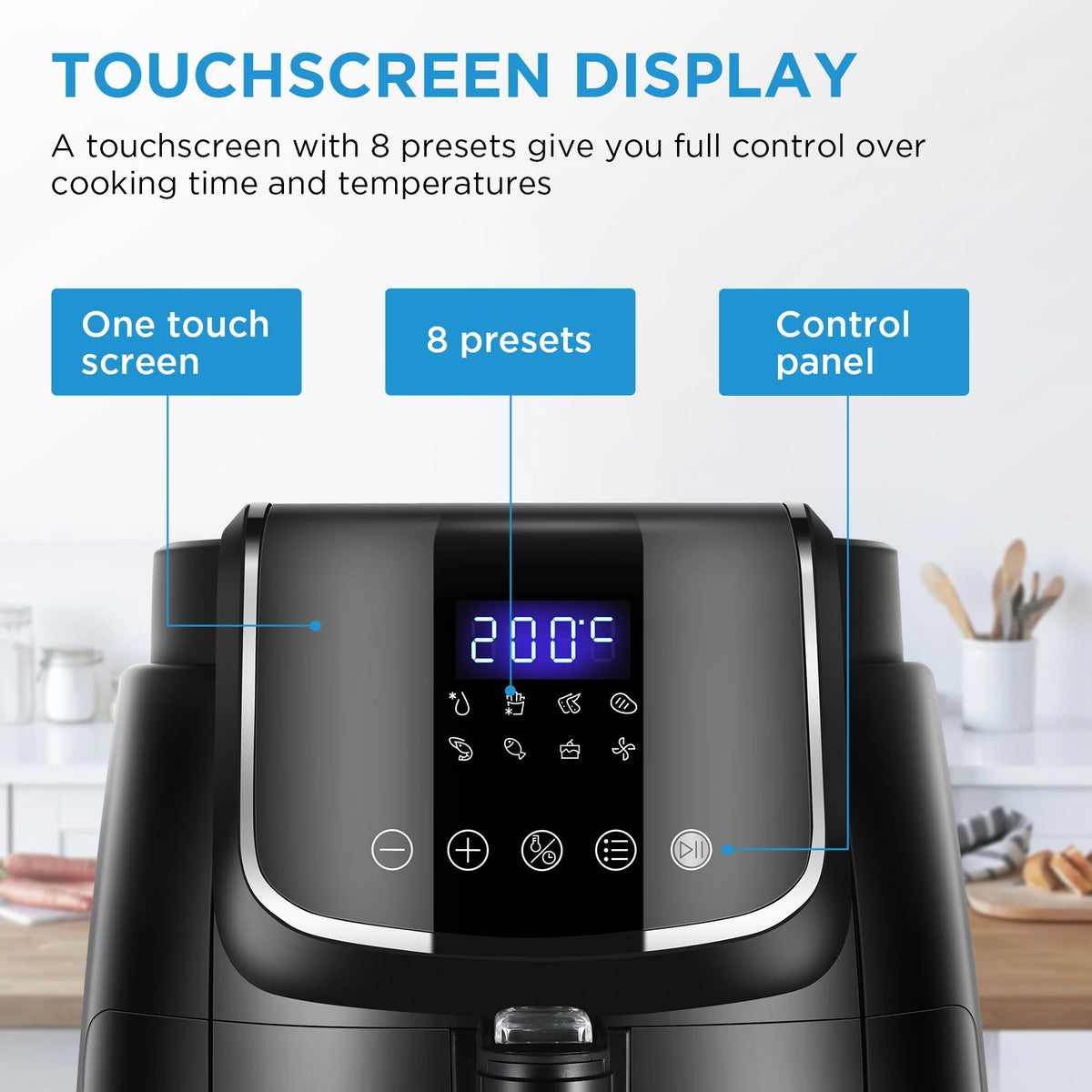 Digitale Airfryer - PFAS vrij - Groot 4 Liter - Heteluchtfriteuse - Zwart - Digital screen - 8 Voorinstellingen - Inclusief in hoogte verstelbaar Grillrack - 1500W - 35-200°C - voor Bakken, braden, grillen, ontdooien, schudalarm