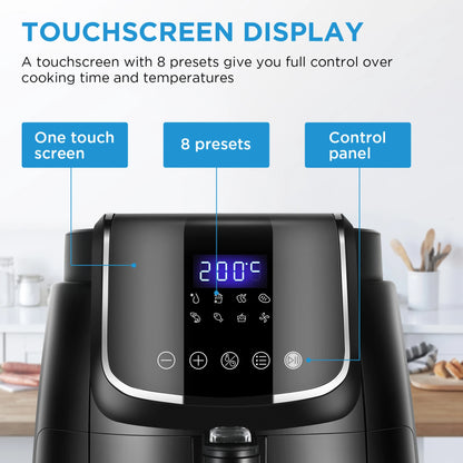 Digitale Airfryer - PFAS vrij - Groot 4 Liter - Heteluchtfriteuse - Zwart - Digital screen - 8 Voorinstellingen - Inclusief in hoogte verstelbaar Grillrack - 1500W - 35-200°C - voor Bakken, braden, grillen, ontdooien, schudalarm