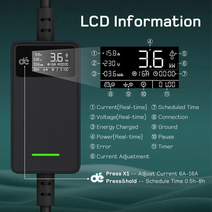 Elektrische Autolader Type 2 – EV Oplader – Laadkabel – Mobiele Lader – Snel Opladen – 7 Meter Kabel – Digitaal Display – 16A 3,7 kW - QUORE