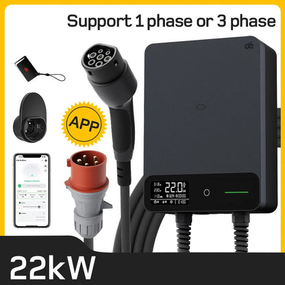 Wallbox 22kW – Laadstation – EV Lader – Oplaadpunt – Elektrische Auto Oplader – 12,5 Meter Type 2 Kabel – Snelladen 32A 3-Fase – App Bediening - QUORE