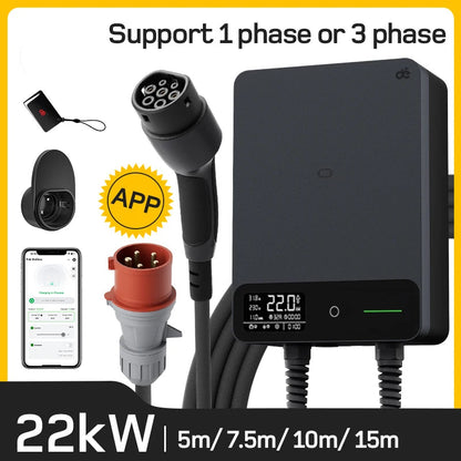 Draagbare Ev-Lader – Mobiele Laadpaal – Elektrische Auto Oplader – Type 2 Laadkabel – 22 KW 15 Meter Kabel – Krachtig 3-Fase Laden – Waterdicht IP66